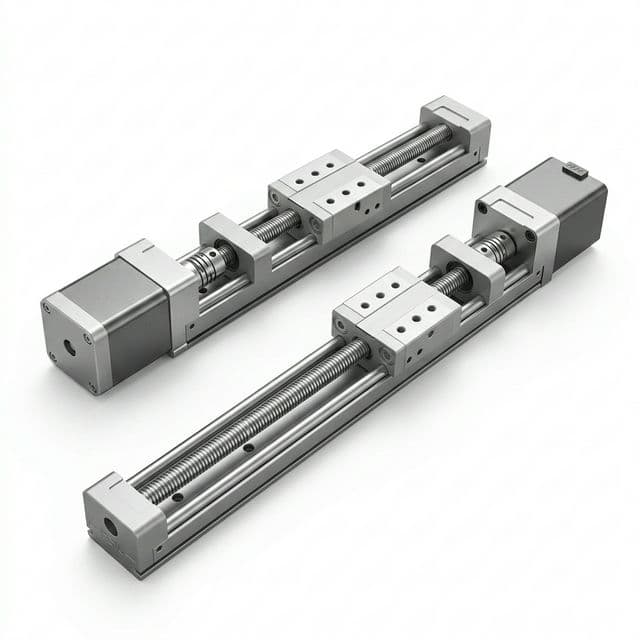 Illustration of two stepper-driven lead screw stages with guide rods and traveling carriages